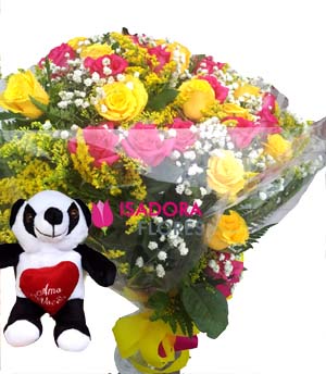 3080 Buquê Alegria com 24 Rosas + Pelúcia