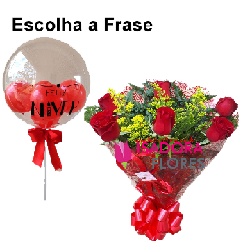 6634 Buquê com meia dz de rosas vermelhas + Balão Bubble